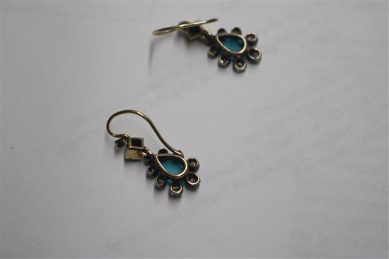 A pair of Victorian yellow metal, turquoise and diamond set pear shaped drop earrings, 20mm.